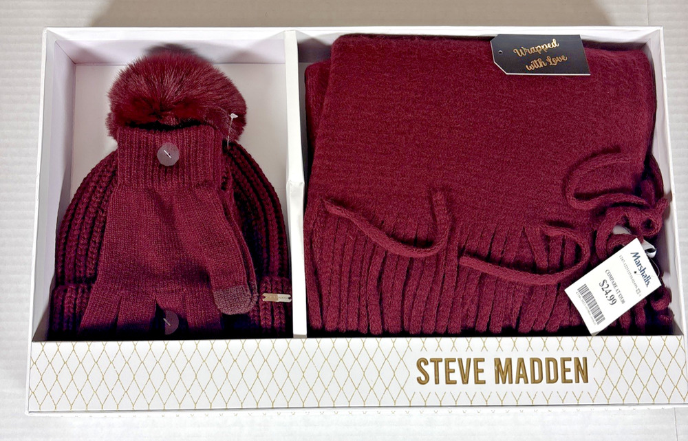 NWT Steve Madden Women's Burgundy Fringed Scarf, Gloves & Pom Pom Hat Set